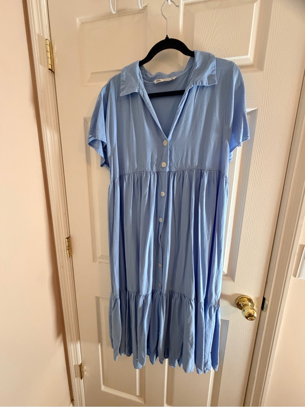 Zara Light Blue Button-Front A-Line Midi Dress